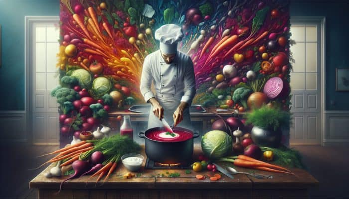 A chef chopping beets, carrots, and cabbage, cooking red borscht with dill and sour cream.