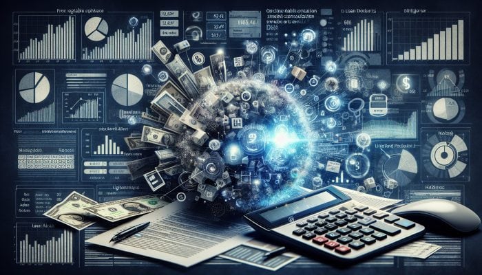 Online Debt Consolidation Loan Simulators: UK Guide | DCL A calculator amidst loan documents and a screen showing fluctuating rates and hidden fees, illustrating simulator limitations.