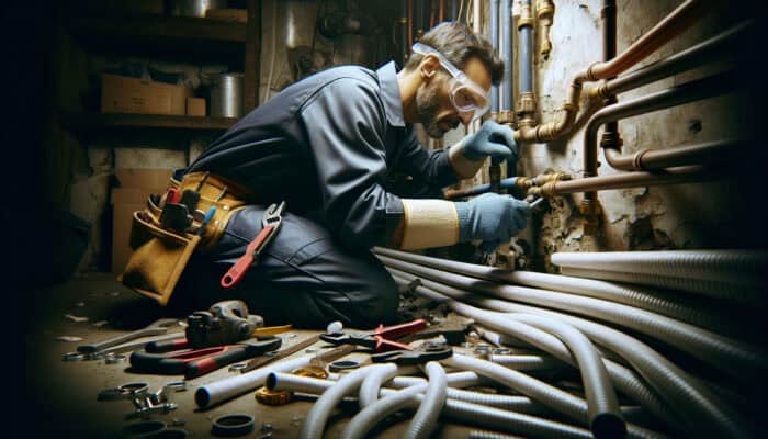 A plumber in protective gear replaces cracked Poly B pipes with new PEX tubing in a dimly lit basement, surrounded by tools.