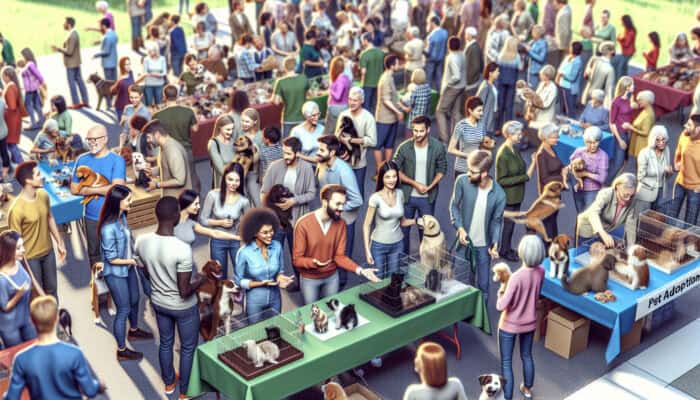 An engaging pet adoption fair featuring families, pets, and volunteers providing expert advice.