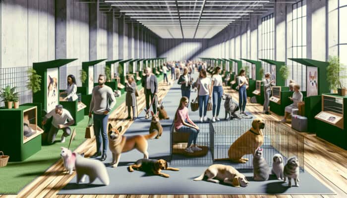 A well-organised pet adoption fair with expert-designed booths, calm animals, and engaged visitors.