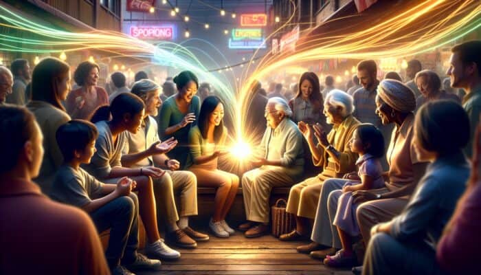 Harnessing Storytelling in Supplement Advertisements: Diverse individuals sharing heartfelt stories around glowing products in a vibrant marketplace, interweaving trust and brand loyalty.