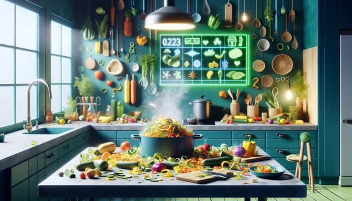 A vibrant kitchen scene displaying vegetable peels transformed into nutritious stock, showcasing eco-friendly upcycling.