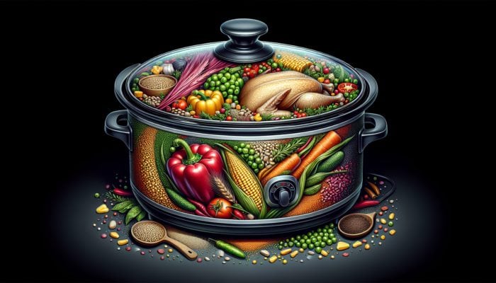 A vibrant slow cooker stew with lean chicken, colorful vegetables, lentils, and whole grains, seasoned with herbs and spices.