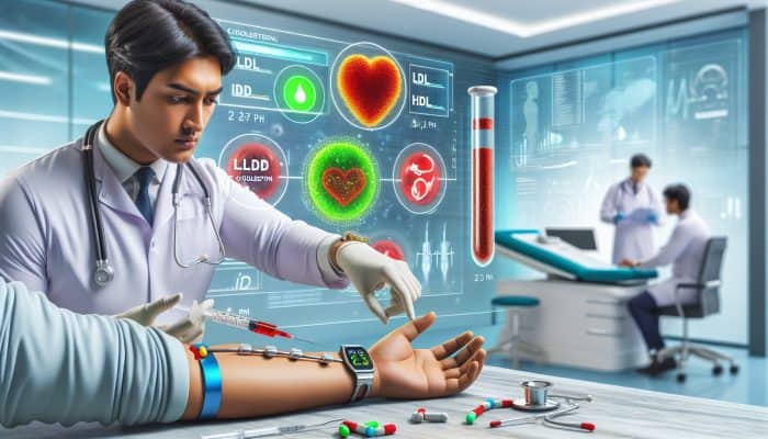 Cholesterol Blood Test in Reading: Healthcare professional drawing blood in a modern clinic, with diagrams of red LDL and green HDL cholesterol, emphasising fasting for accurate tests.