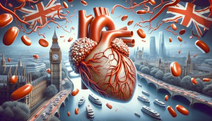 LDL cholesterol particles clogging arteries in a human heart, with Big Ben and Thames in the background, symbolizing UK health impacts.
