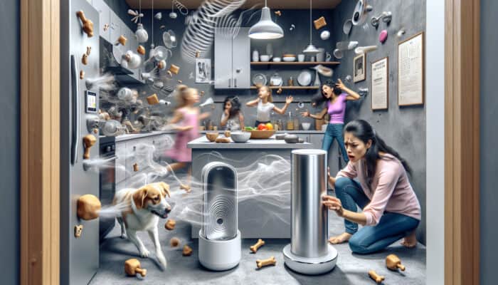 A frustrated pet owner adjusts a voice-activated treat dispenser in a noisy kitchen, with an eager dog waiting amid kids playing and appliances humming.