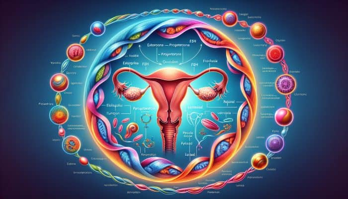 Educational diagram of hormones estrogen, progesterone, FSH, and LH as flowing streams around a stylised female reproductive system, illustrating menstrual cycle phases.