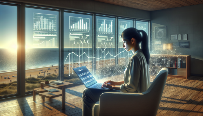A focused entrepreneur in a cozy Burnham-on-Sea office analyses ROI data on a laptop, showing Google Analytics graphs and a seaside view.