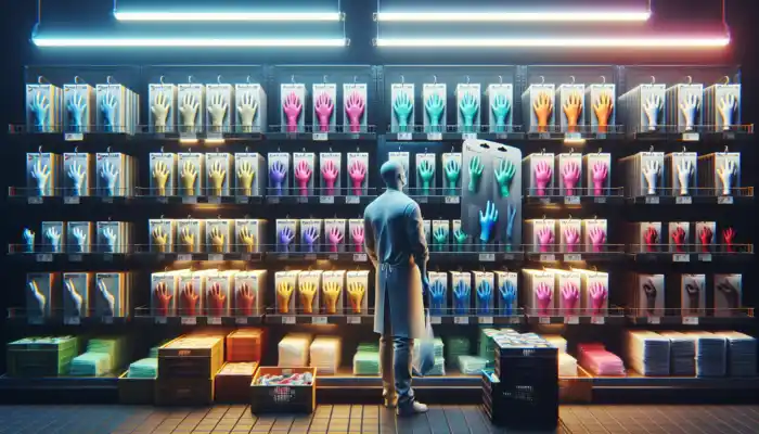 A shopper in a bustling Rayleigh market evaluates disposable gloves, comparing latex, nitrile, and vinyl options displayed on a shelf.