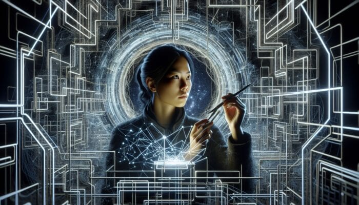 A determined navigator in a digital labyrinth of glowing, interwoven hyperlinks, repairing flickering broken links with tools for long-term stability.