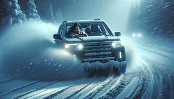 A rugged SUV driver navigates a blizzard, gently braking on icy roads, accelerating smoothly, and steering into a skid with swirling snow and dim headlights.