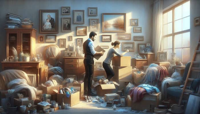 Professionals sorting heirlooms and furniture in a cluttered living room, with family photos on walls and soft sunlight through dusty windows.