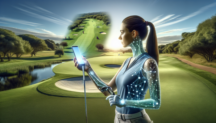 A South African golfer using a smartphone app with a detailed golf course map on a sunny day.