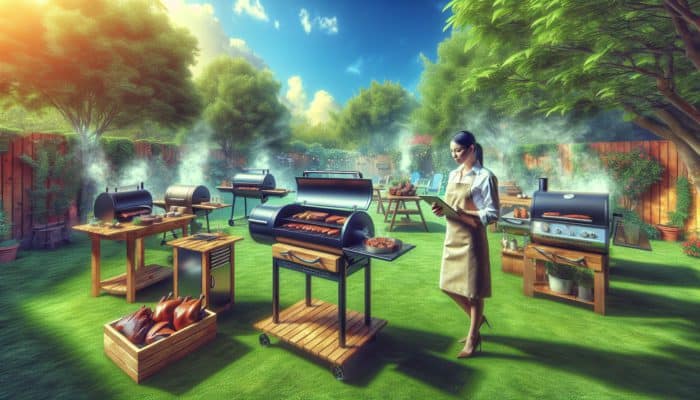Expert demonstrating offset, vertical, and electric smokers in a lush backyard with sizzling meats, tools, and greenery under a sunny sky.