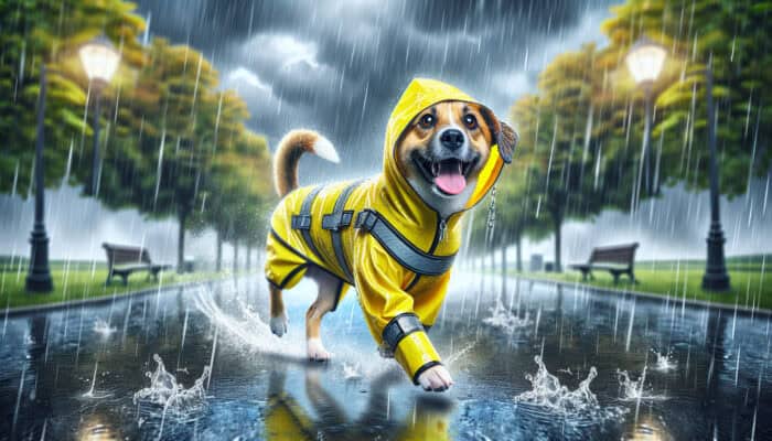 Raincoats for Wet Weather Pet Walks: A playful dog in a bright yellow waterproof raincoat with straps and reflectors stands in a rainy park, water beading off, looking cheerful under a gray sky.
