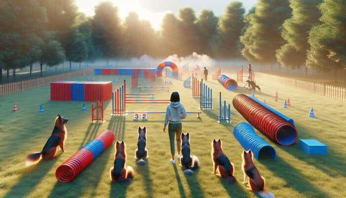 Trainer building a custom agility course with red hurdles, blue tunnels, and wooden weaves in a sunlit park, as eager dogs watch.