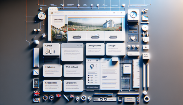 A contemporary website interface for a small firm in Corsham, featuring sticky navigation, prominent contact details, category icons, and a local map.