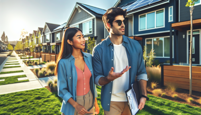 A young couple tours modern entry-level townhouses in a sunny suburban neighborhood with manicured lawns, solar panels, and community parks.
