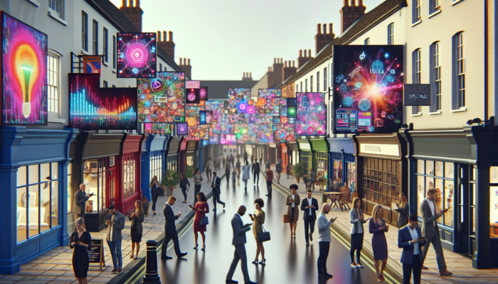 Small business owners in Portishead's bustling high street use smartphones and laptops for digital advertising, with glowing screens and social media icons.