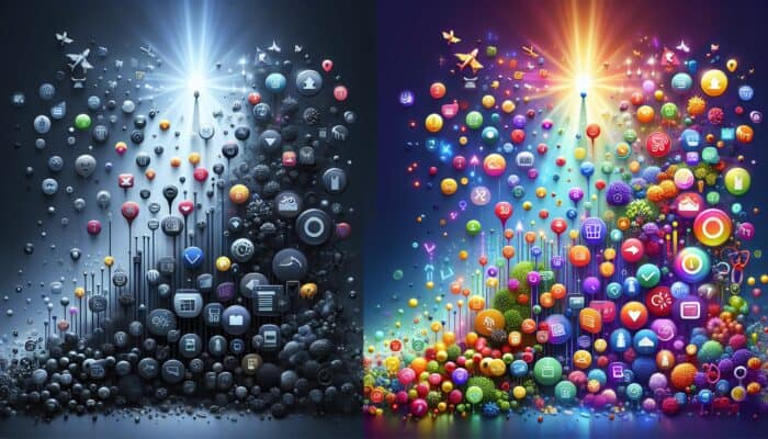 Illustration showcasing SEO's impact: a dim, underperforming product page with low traffic icons versus a vibrant page with rising graphs and sales symbols.