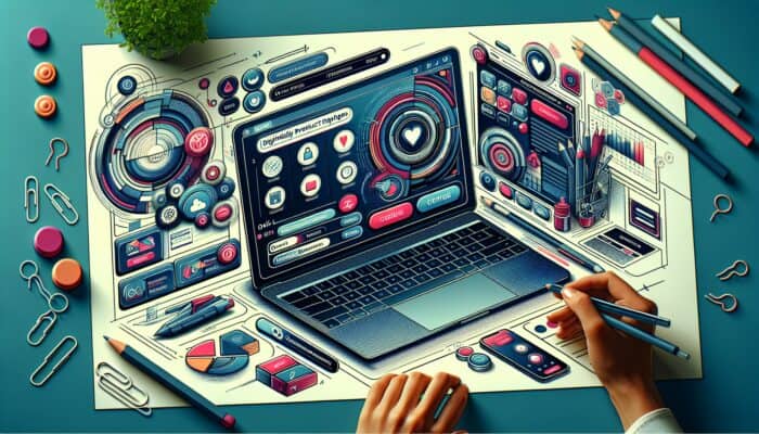 A vibrant digital illustration of a modern e-commerce page on a laptop, featuring intuitive navigation, user-friendly buttons, and engaged users browsing.