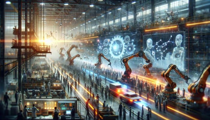 A modern factory scene with chaotic assembly lines transforming into efficient operations, robots and workers collaborating, and glowing productivity graphs.