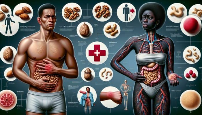 Infographic comparing nut intolerance and allergy: left shows mild discomfort from nuts, right shows severe swelling and hives with labels and symbols.