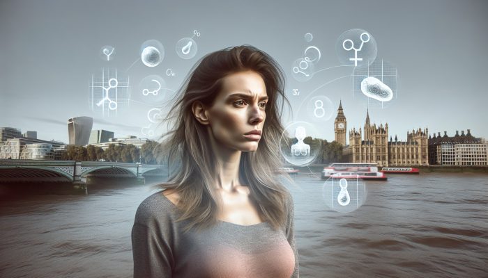 A concerned UK woman with thinning hair stands by the Thames in London, surrounded by floating hormone icons symbolising low testosterone effects.