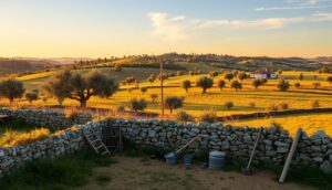 A stone wall borders a rural Alentejo Olive Route landscape at sunset, with olive trees dotting golden fields. Farm tools and watering cans rest nearby, as rolling hills and a white farmhouse complete this tranquil scene in Portugal.