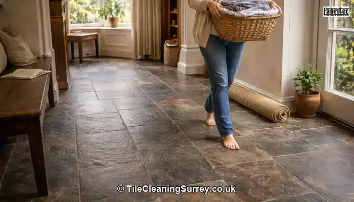 Slate floor in a Surrey hallway looking naturally rich and cared for, with a homeowner passing through in a relaxed, everyday moment.
