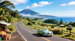 A green vintage convertible cruises along Maui Upcountry’s scenic routes, passing farm stands with colourful fruit, lush pastures, grazing cows, and scattered cottages. Tree-lined hills rise toward a misty mountain beneath a bright blue sky dotted with fluffy clouds.
