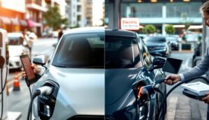 A split image showcases two electric cars charging on a city street. On the right, an individual plugs in a blue car beneath an "Electric Car Rental" sign—ideal for those exploring their rental options.