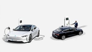Two electric cars, one white and one black, are parked at charging stations. The white electric car charges unattended while a person in a suit stands by the black car holding the charging cable. Both stations feature screens and cables plugged into the vehicles.