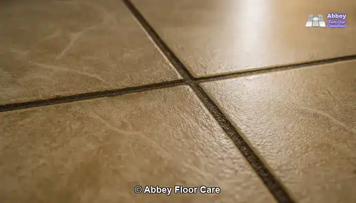 Tile Cleaning North East England: Close-up of a tiled hallway floor with dark grout lines, cloudy residue, and compacted soil around the joints.