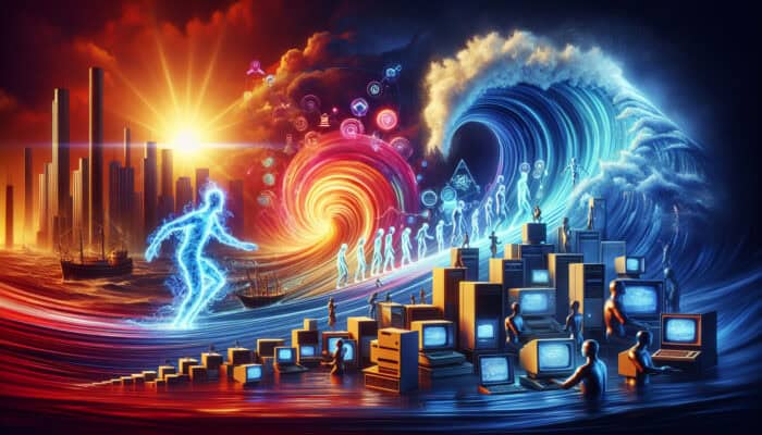 Illustration of innovation waves crashing into evolving AI from 1950s computers to modern holograms like Siri.