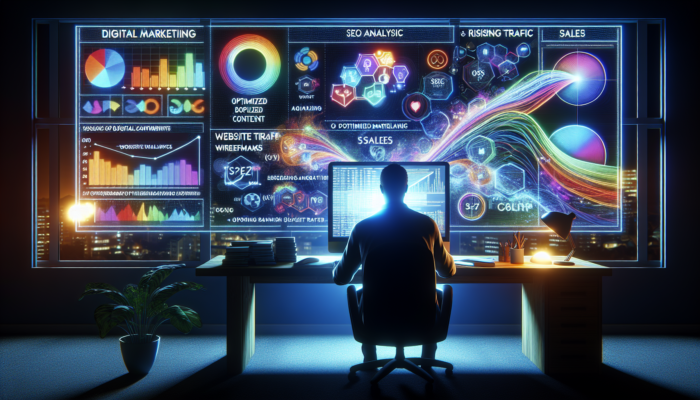 A digital marketer in Bridgwater analysing local keywords on a glowing screen, surrounded by SEO charts and rising traffic graphs.