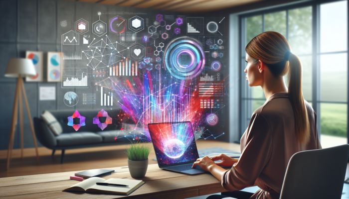 A determined small business owner in a home office analyzes website analytics on a laptop, showing graphs of traffic, conversions, and engagement metrics.