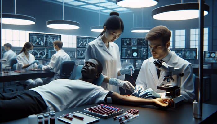 Technicians in white coats meticulously draw blood and analyse ferritin samples in a modern UK lab equipped with microscopes and digital screens.