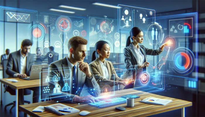 Illustration of professionals in a modern office analysing data on holographic screens, building relationships, and surrounded by icons of communication, strategy, and empathy.