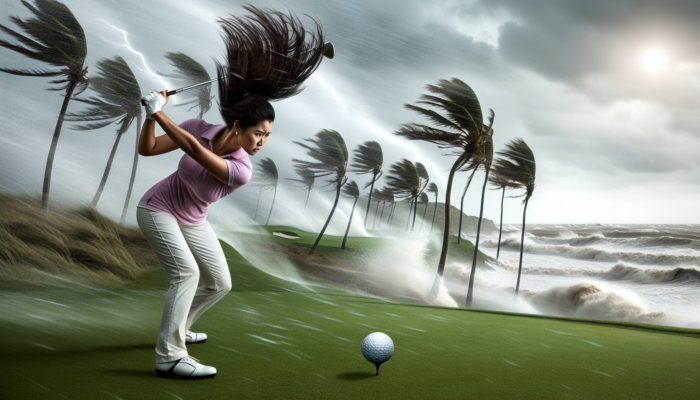 A golfer swings a controlled fade shot amid fierce winds on a South African coastal course, with swaying palm trees, crashing waves, and a curving ball.