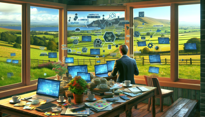 A determined entrepreneur in a Ferndown cottage, surrounded by laptops, e-commerce diagrams, and product mockups, gazes at lush countryside.