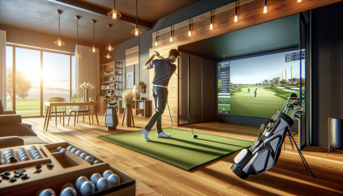 A dedicated golfer practices using a high-tech indoor simulator in a contemporary South African home, surrounded by reliable equipment under warm lighting.
