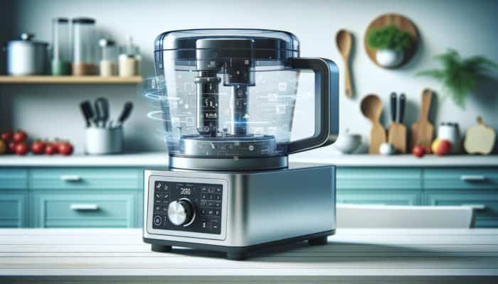 A modern food processor with locked lid, intuitive controls, ergonomic handles on a sleek kitchen counter.