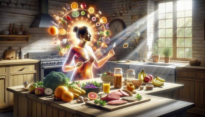 A diverse woman in a sunlit UK kitchen prepares a balanced meal with fresh fruits, leafy greens, grilled proteins, and nuts for hormonal health.