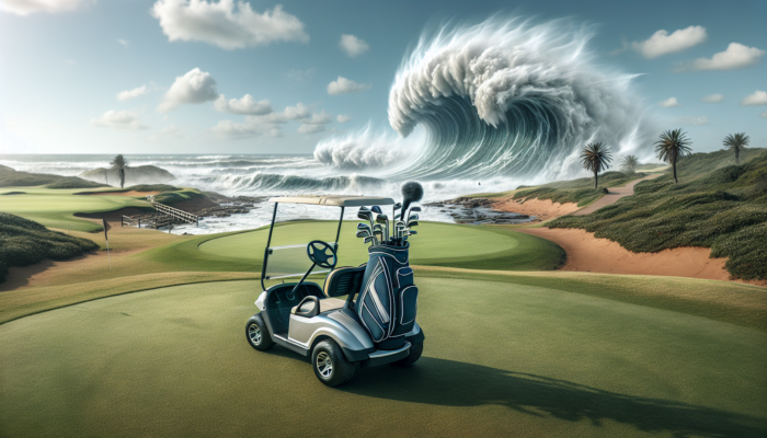 Top Golf Push Carts for 2025: Durable golf push cart made of aluminum and plastic, standing against winds on a sunny Durban course with waves and palm trees.
