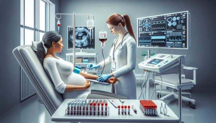 A nurse draws blood from a pregnant patient's arm in a sterile NHS clinic, using a needle and vial amid modern monitoring equipment.