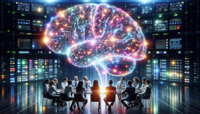 A vibrant digital brain intertwined with glowing data streams and neural circuits in a futuristic lab, with diverse professionals collaborating on intuitive analysis.