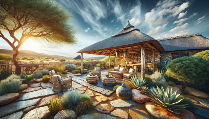Shaded stone patio in sunny Prieska with built-in braai, woven seating, secure fencing, and drought-resistant native plants under a blue sky.
