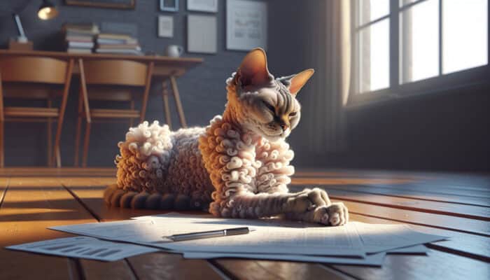 Devon Rex Coat Care: A Devon Rex cat with soft, wavy fur and delicate curls lounges gracefully in a sunlit room, highlighted by warm light.